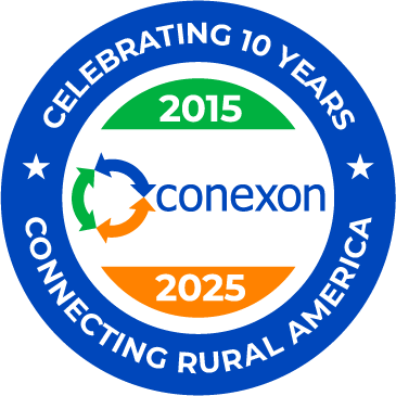Celebrating 10 years of Conexon connecting rural America badge.