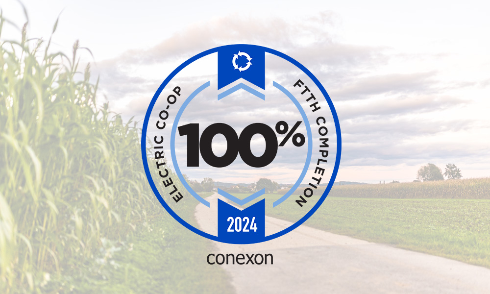 The Conexon 100 Club logo over top of a faded image of a farmers field.