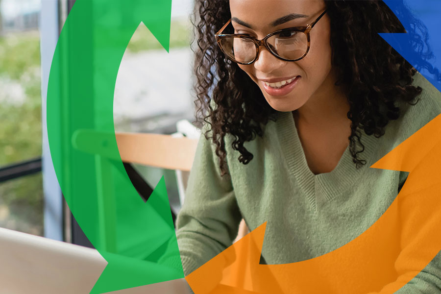 Woman works on computer with Conexon icon around for thumbnail.