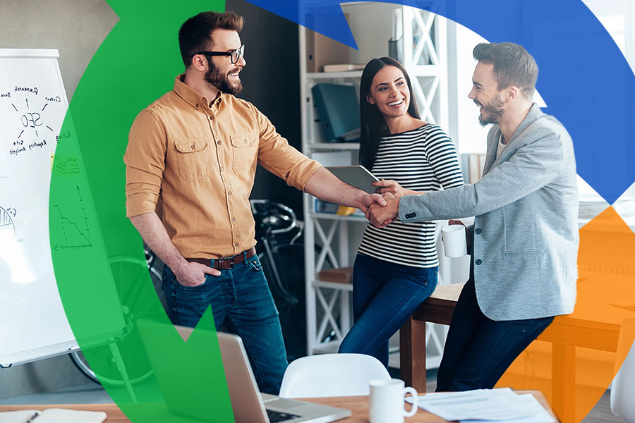 Co-workers shake hands at meeting with Conexon icon around for thumbnail.
