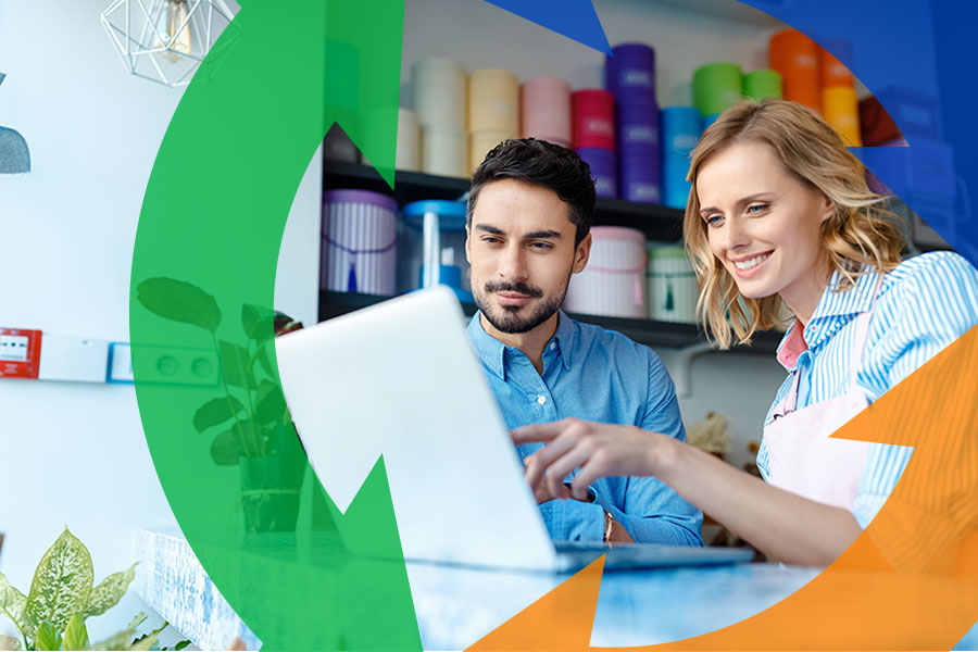 Business owners use tablet with Conexon icon around for thumbnail.