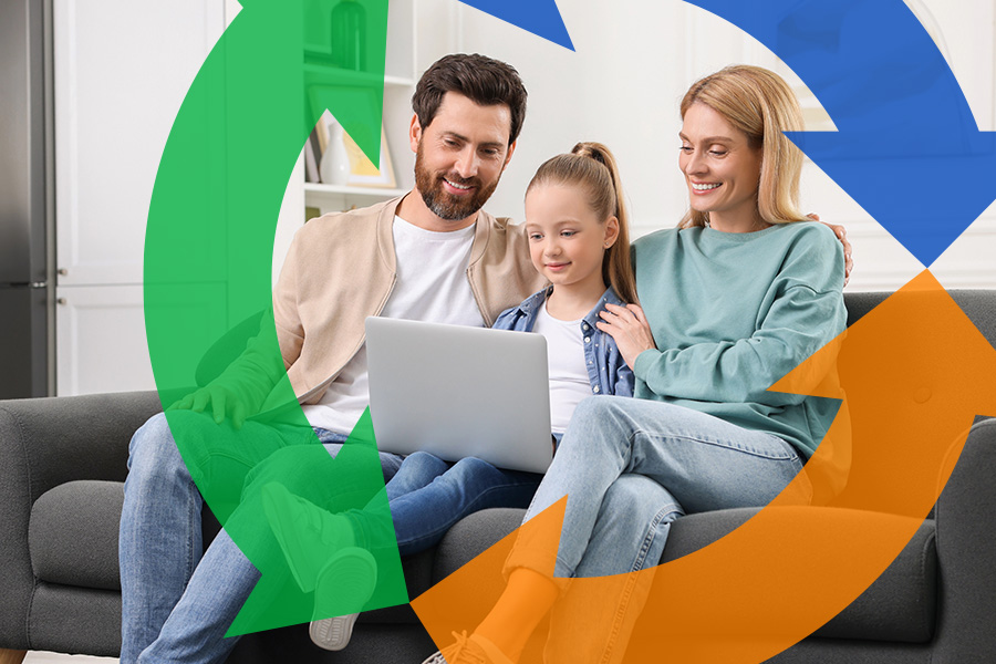 Family on couch sing laptop with Conexon icon around for thumbnail. 
