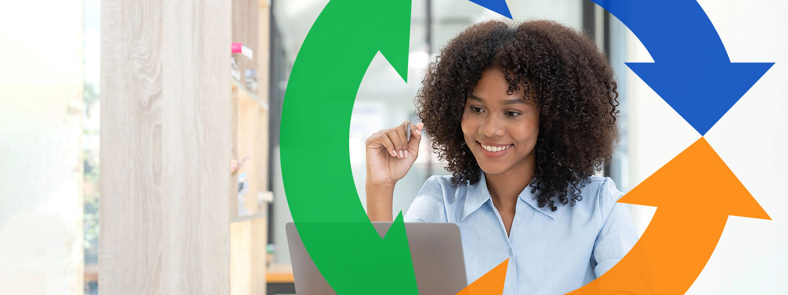 Woman smiles at computer with Conexon icon around her for banner.