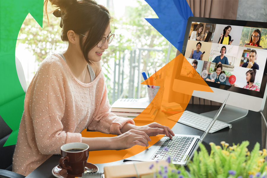 Woman sits on her computer during a video call with a Conexon logo behind for thumbnail.
