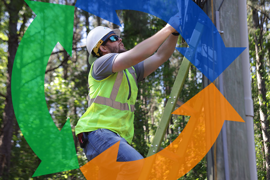 Service worker climbs a power pole on a ladder and works on the component with a Conexon logo behind.