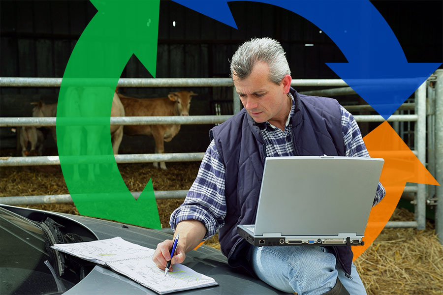 A man sits on the hood of his truck and uses his laptop and writes on his papers with cows in the background and the Conexon icon surrounding him for thumbnail.