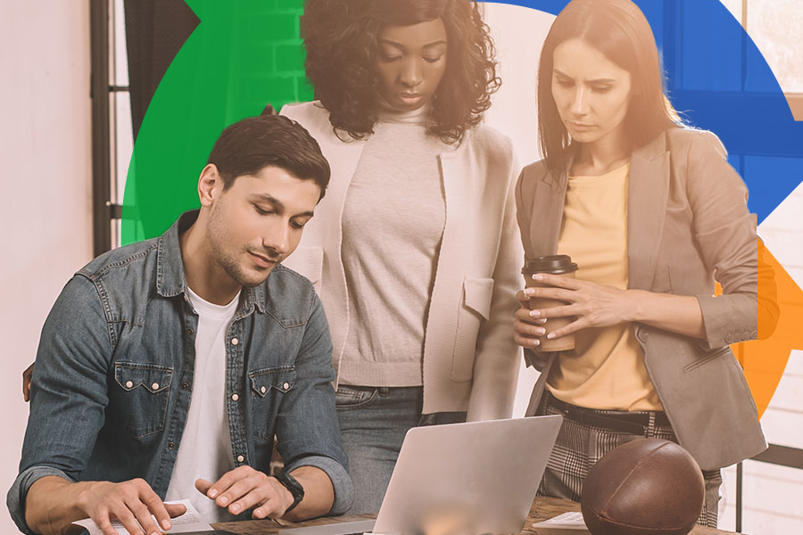 Office workers stand around a laptop for work with a Conexon icon behind for thumbnail.