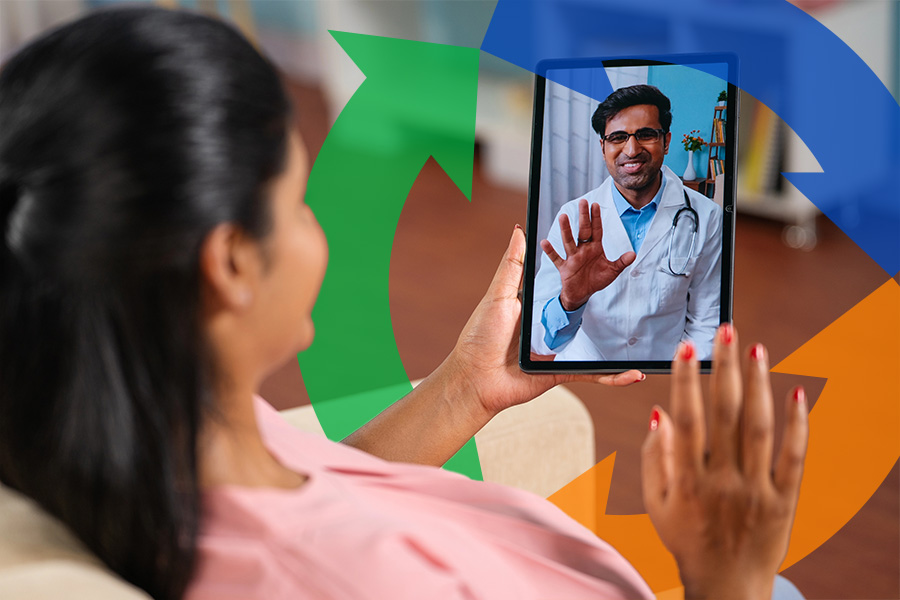 Woman has telehealth meeting with her doctor over tablet with a Conexon icon around for thumbnail.