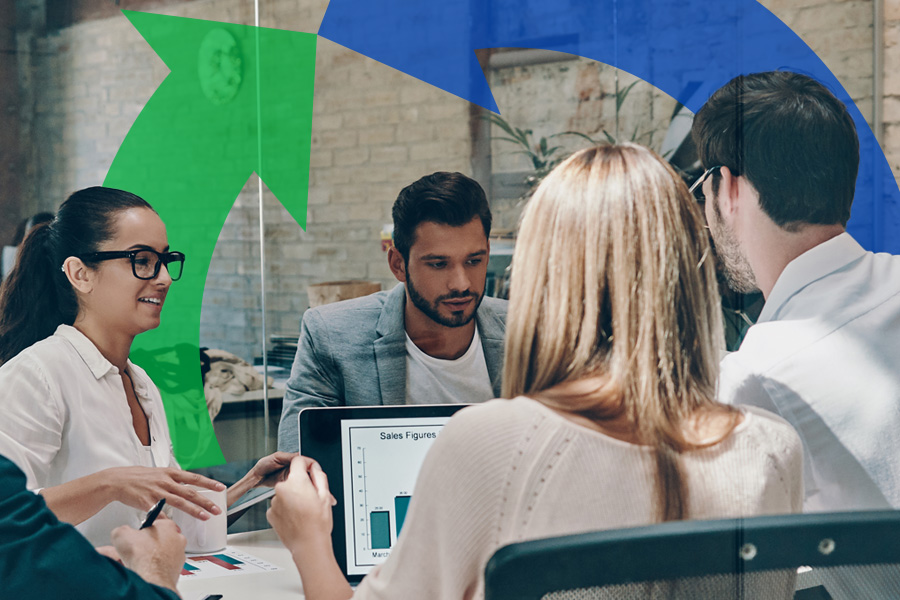 A group of co-workers sit at their computers and have a meeting with a Conexon logo behind them for a thumbnail.