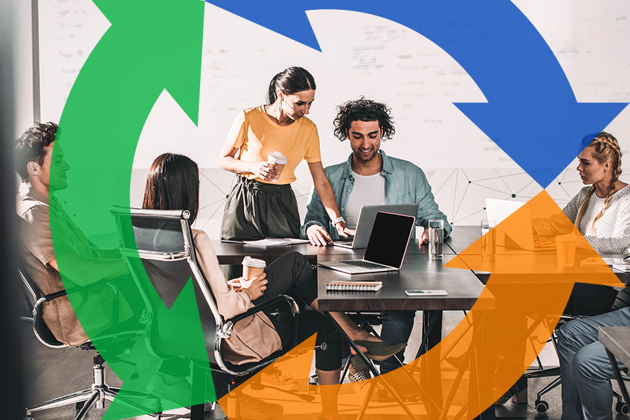 Team sits at a desk and work on their computer with a Conexon icon overtop for thumbnail.