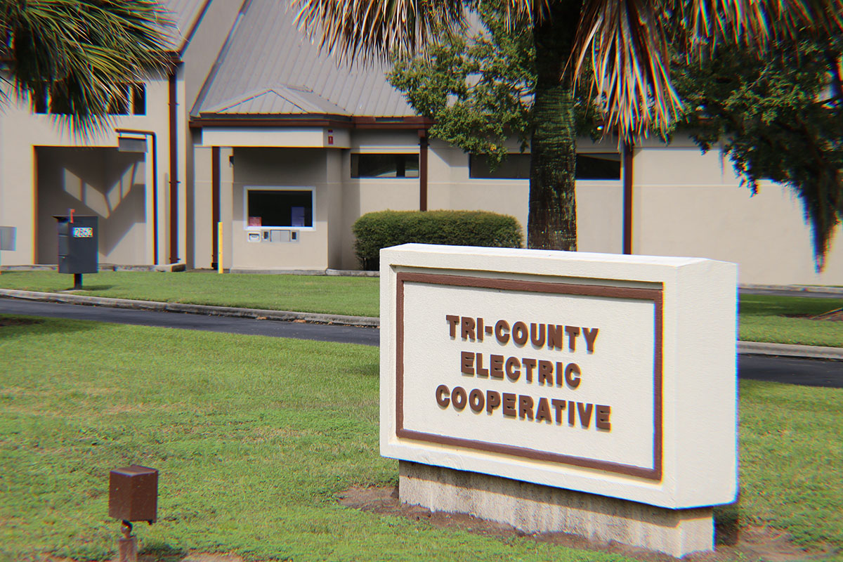 Sign out front of Tri County electric cooperative headquarters.