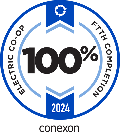 The Conexon 2024 100% Connect badge awarded to electric co-oops who have completed 100 percent of their fiber-to-the-home network build.