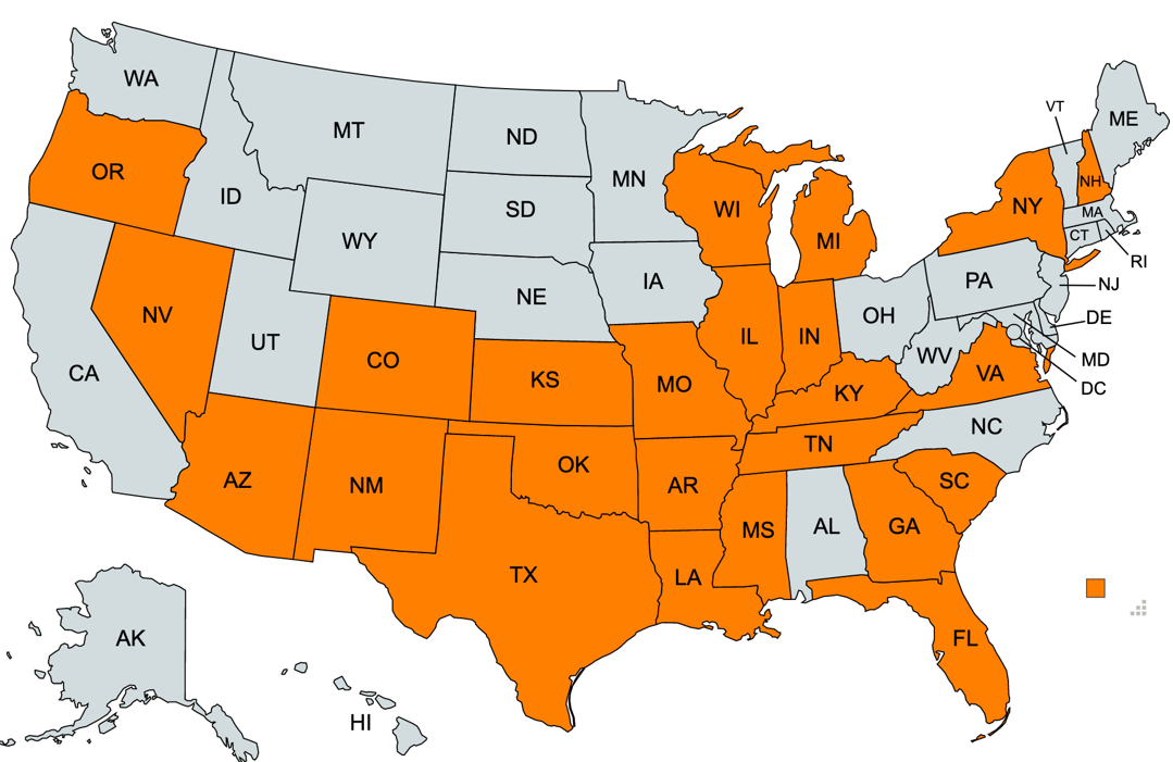 A map of America with outlines showing the 26 states where Conexon has built in represented by orange.