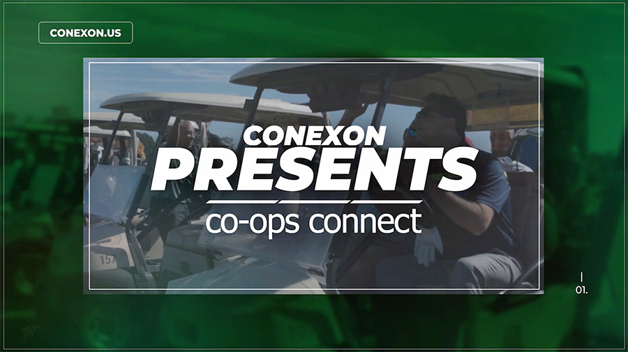 A row of golf carts with a green overlay and text for "Conexon Presents Co-ops Connect"