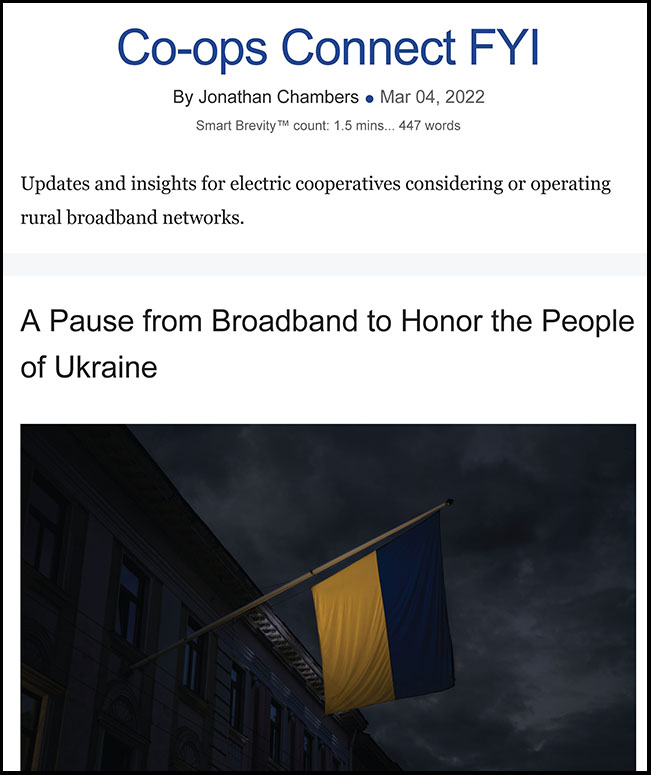 Co-ops Connect FYI thumbnail with a Ukrainian flag in front of a dark sky.