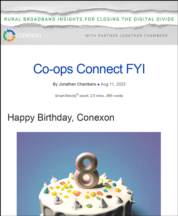 Co-ops Connect FYI thumbnail with a birthday bake and number eight on it.